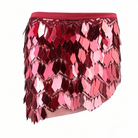 Red sequin mini skirt featuring diamond-shaped metallic scales, a comfortable elastic waistband, and delicate chain detailing.