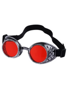 Vintage steampunk goggles with distressed silver frames, bright red lenses, and a black elastic strap.