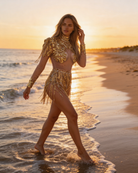 Body in paillettes con nappine e strass dorati indossato da una modella che cammina su una spiaggia al tramonto.