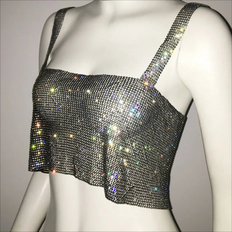 Rhinestones Crop Top featuring sparkling rhinestones, perfect for festivals and parties.