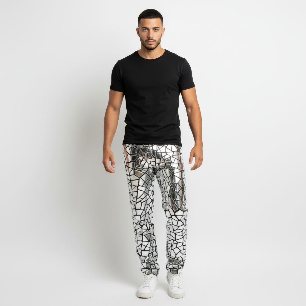 Pantalon à panneaux miroir géométriques argentés Rocco