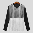 full-shot tassel fringe crop top in black and white with cascading fringe details