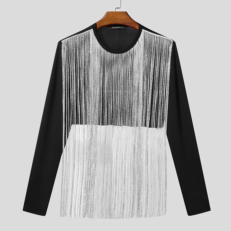 full-shot tassel fringe crop top in black and white with cascading fringe details