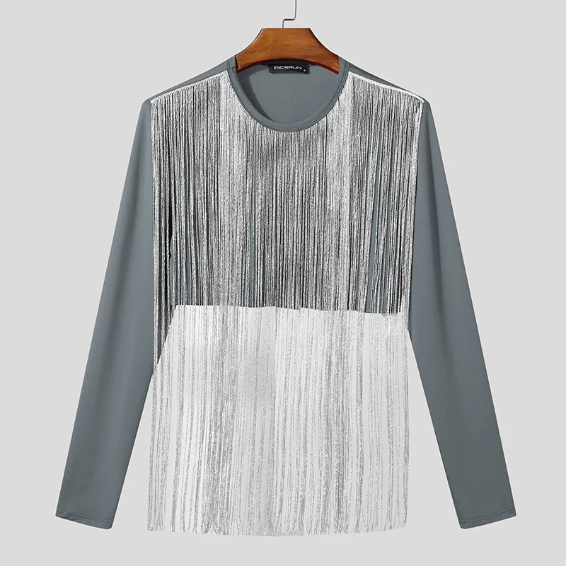 full-shot grey tassel fringe crop top with cascading fringe details