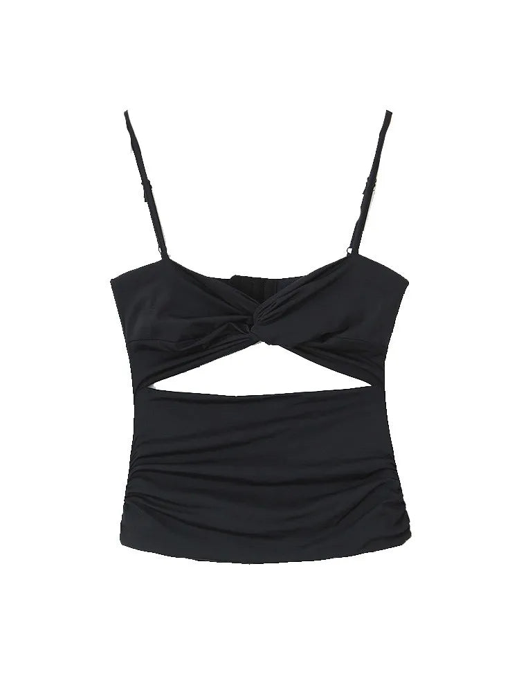 Backless Ruched Top in black with hollow out design, featuring adjustable straps and stylish ruched detailing.
