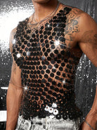 Men's black mirror disc chain vest, handmade with interlocking reflective discs, open-link construction.