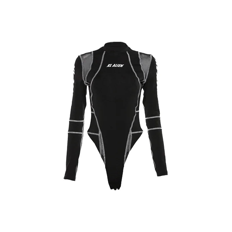 Black Rave Bodysuit with long sleeves and mesh details, perfect for raves and techno parties.