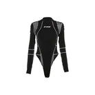 Black Rave Bodysuit with long sleeves and mesh details, perfect for raves and techno parties.