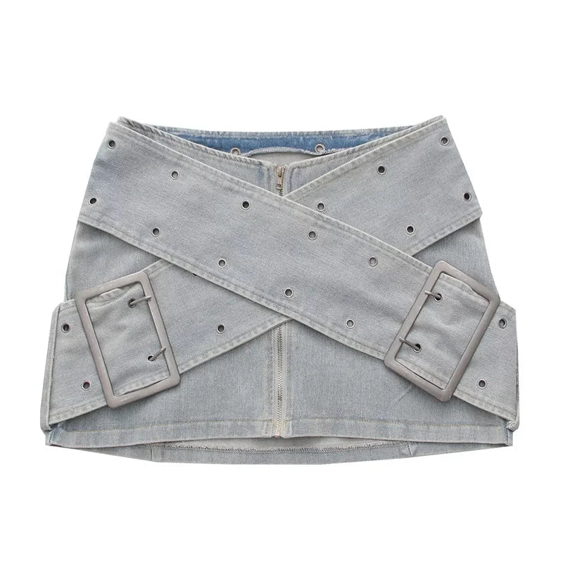 S Cross Belt Denim Mini Skirt