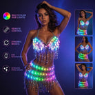Model wearing a sparkling LED rhinestone fringe two-piece set with remote-controlled multicolor RGB lighting effects.