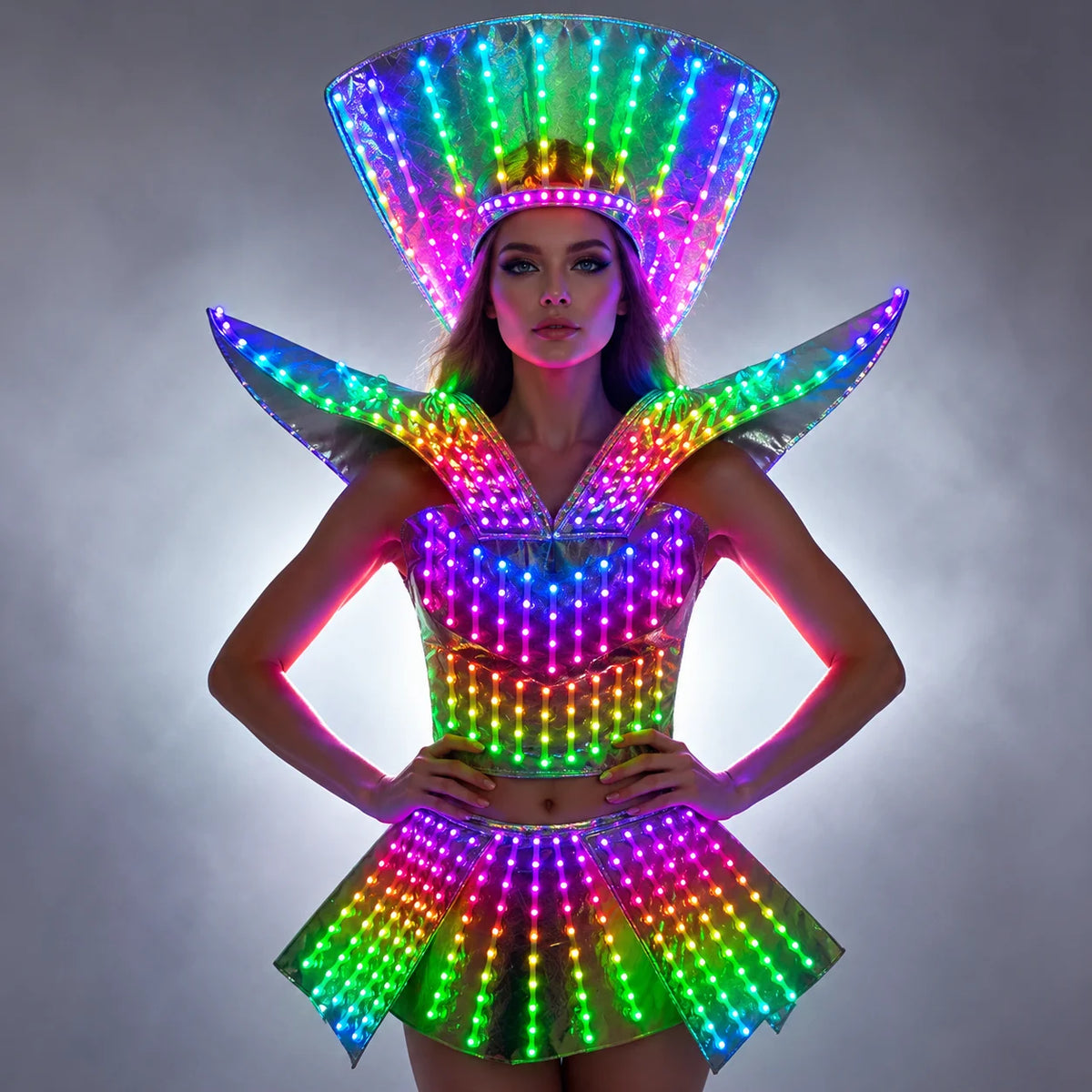 Futuristic LED shoulder armor dress with a metallic finish and vibrant, remote-controlled multicolored lighting.