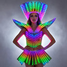 Futuristic LED shoulder armor dress with a metallic finish and vibrant, remote-controlled multicolored lighting.