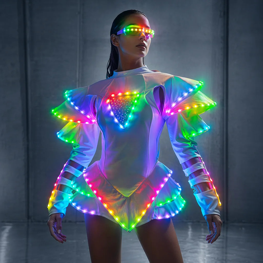 Model wearing a white futuristic LED dress with ruffled shoulders, rhinestone accents, and vibrant glowing lights.