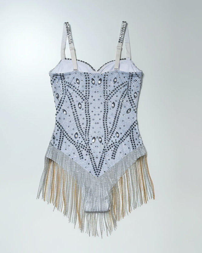 back-view rhinestone tassel bodysuit with silver rhinestones and playful tassels