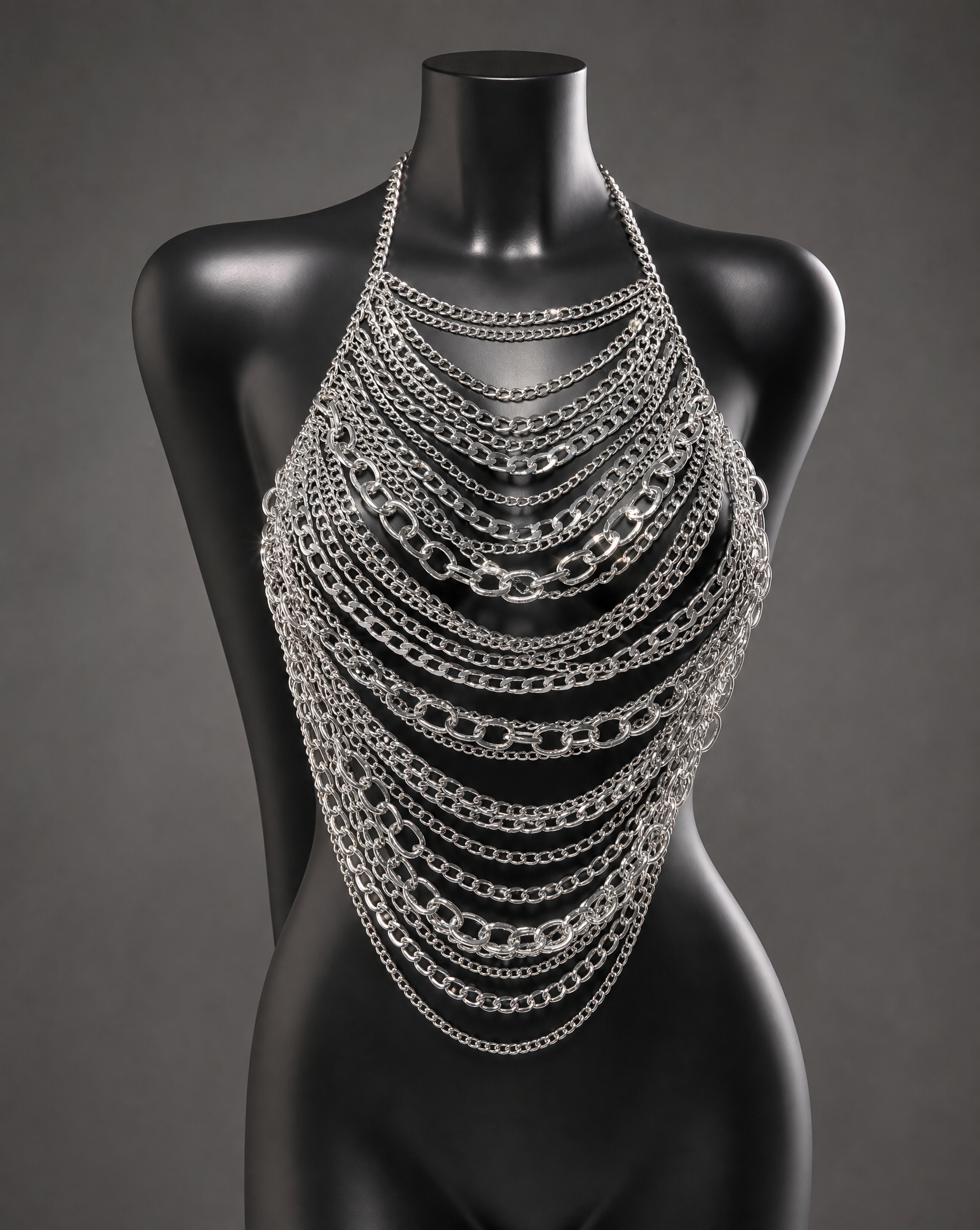 Silver sequin metal chest piece with layered chains on a black mannequin.