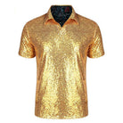 Men's gold sequin short-sleeve polo shirt with a quarter-button placket and relaxed fit.