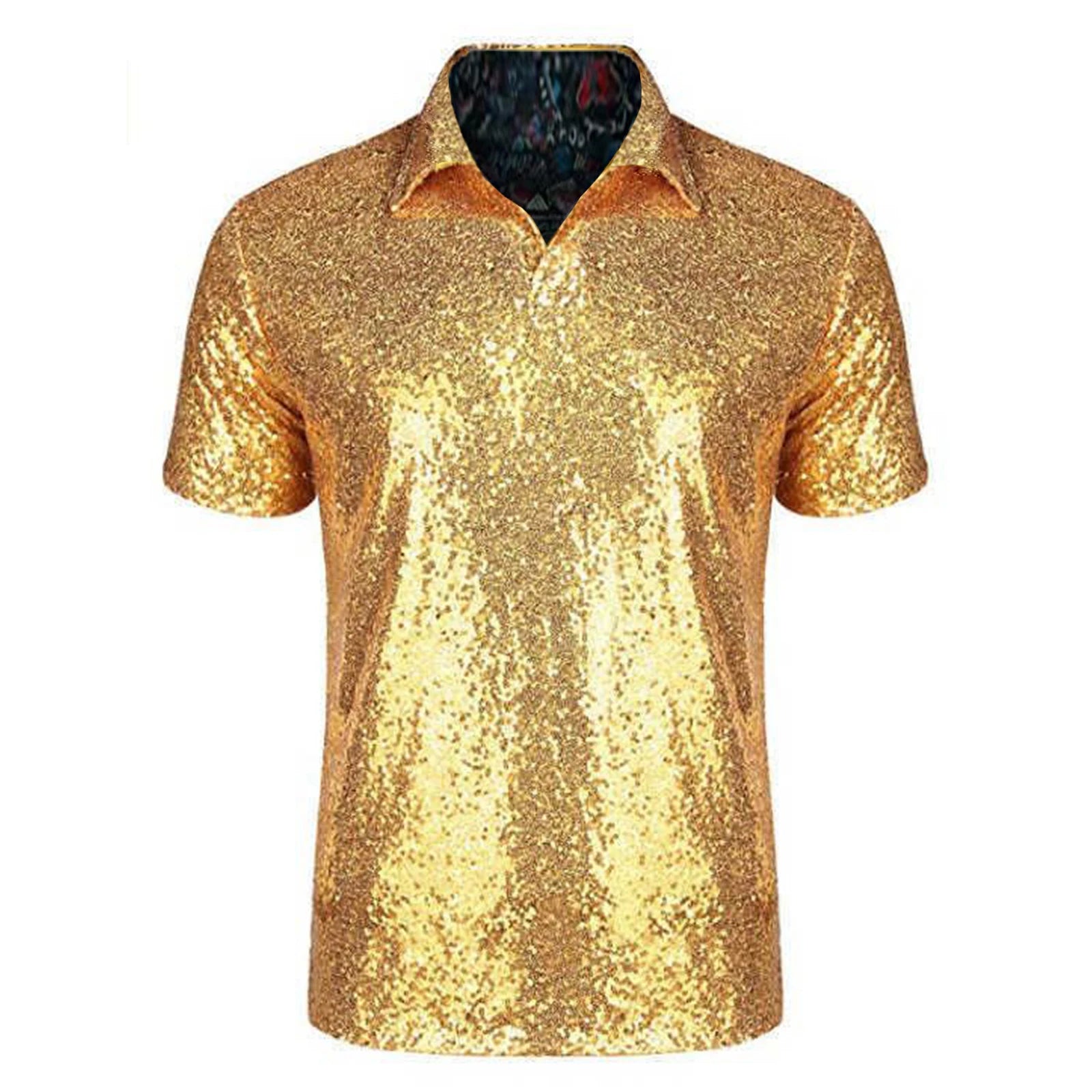 Men's gold sequin short-sleeve polo shirt with a quarter-button placket and relaxed fit.
