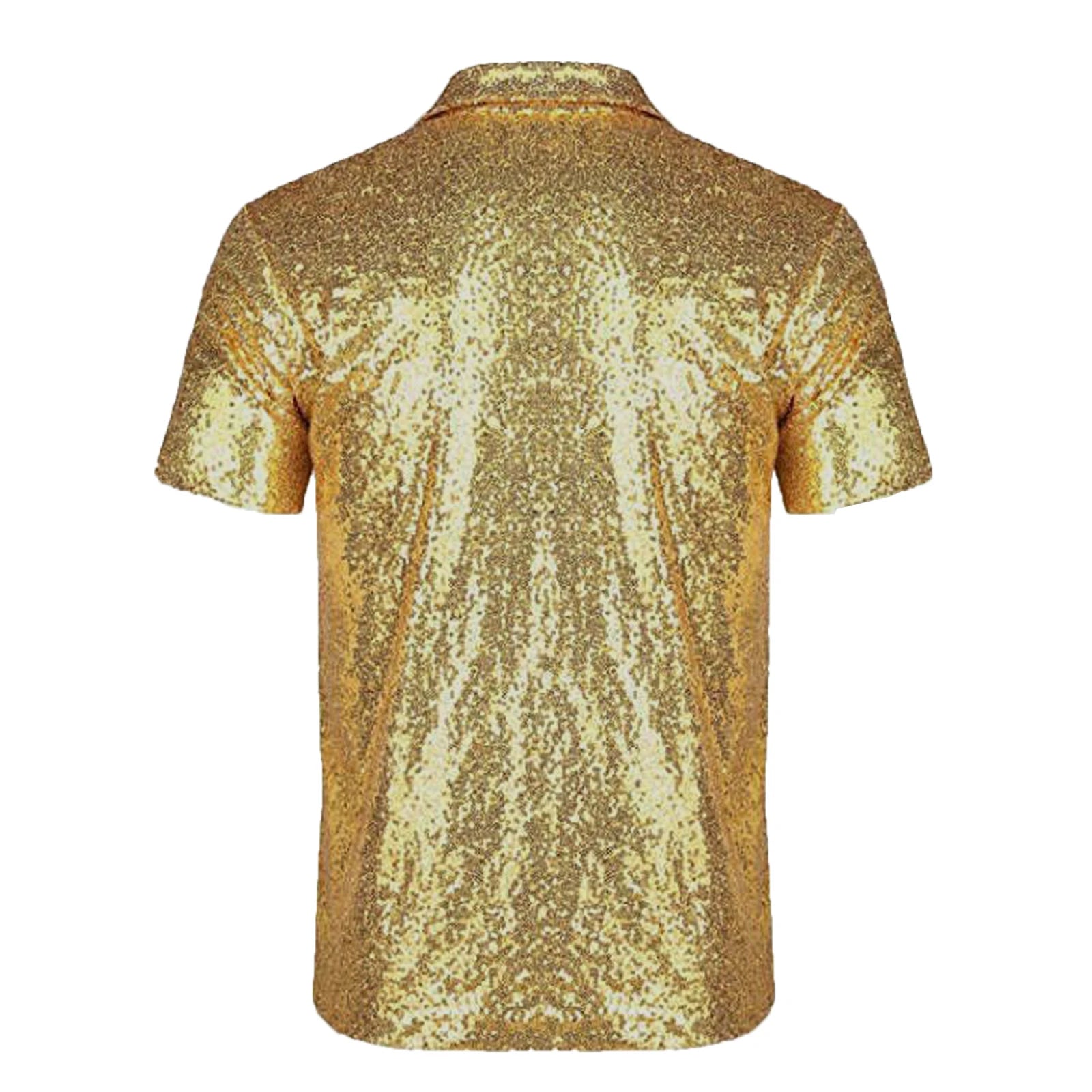 Back view of a men's gold sequin short sleeve shirt with a relaxed fit.