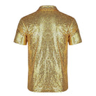 Back view of a men's gold sequin short sleeve shirt with a relaxed fit.