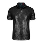 Men's black sequin short sleeve shirt with a quarter-button placket and relaxed fit.
