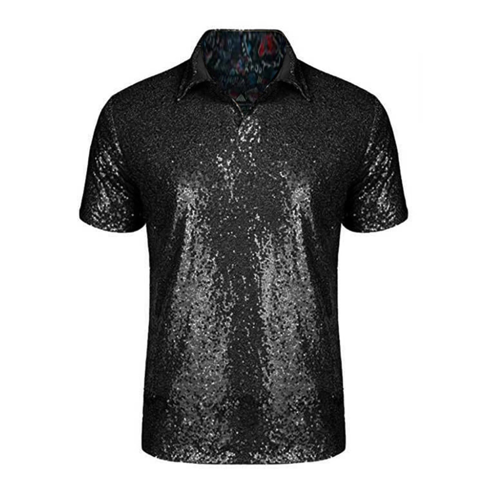Men's black sequin short sleeve shirt with a quarter-button placket and relaxed fit.
