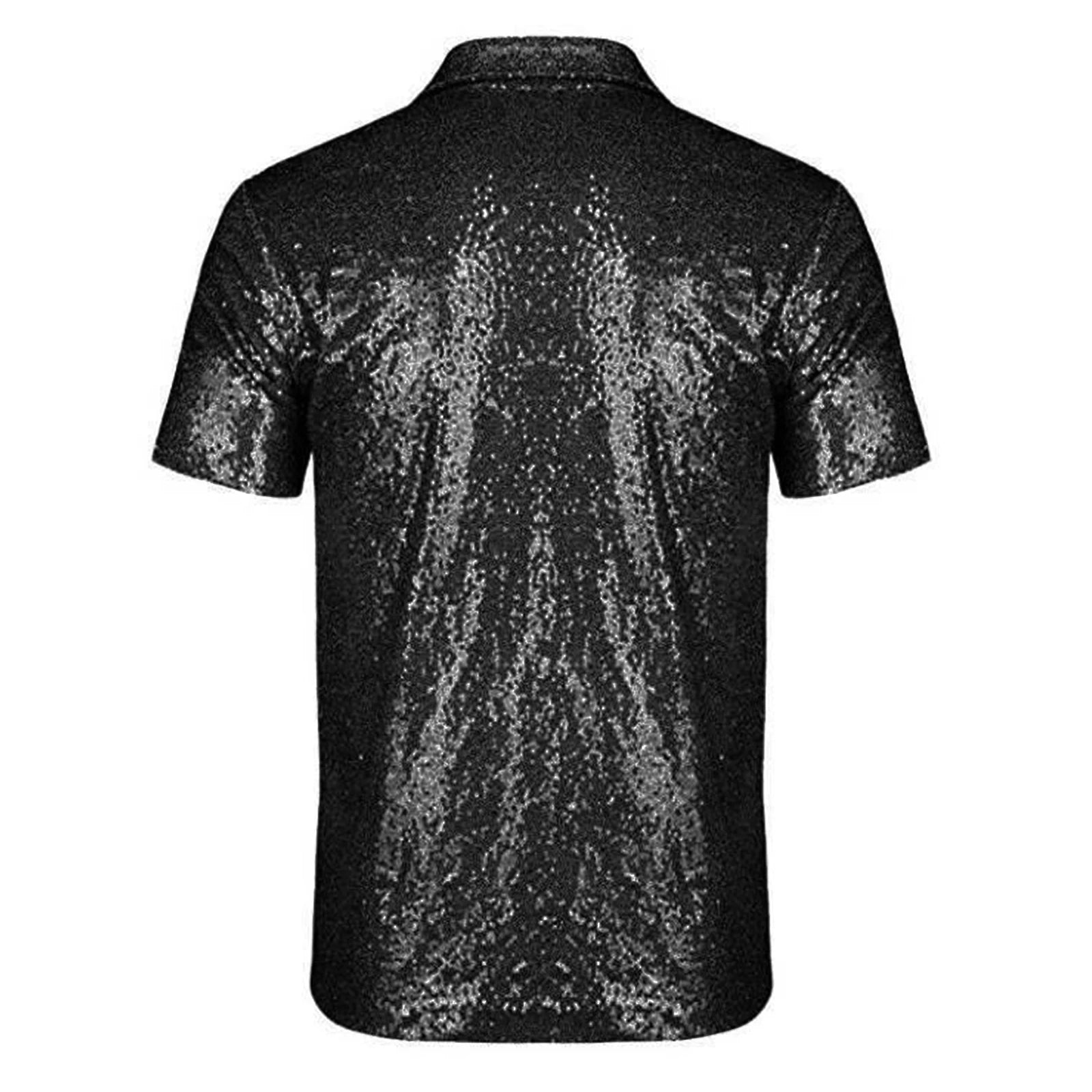 Men's black sequin short sleeve shirt, back view, showcasing all-over sparkle and relaxed fit.