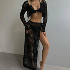 Conjunto sexy de crochet con top y falda en negro, que incluye un top corto y una falda larga, perfecto para festivales.