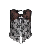 Ensemble sexy bustier et jupe à imprimé dentelle comprenant un haut bustier en dentelle transparente avec des motifs floraux.
