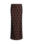 Ensemble sexy bustier et jupe à imprimé dentelle avec un élégant motif floral en dentelle sur une jupe marron élégante.