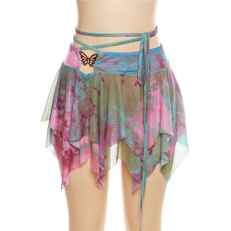 Butterfly Print Mesh Sleeve Top and Skirt Set featuring a layered, colorful high-waisted skirt with butterfly accent.