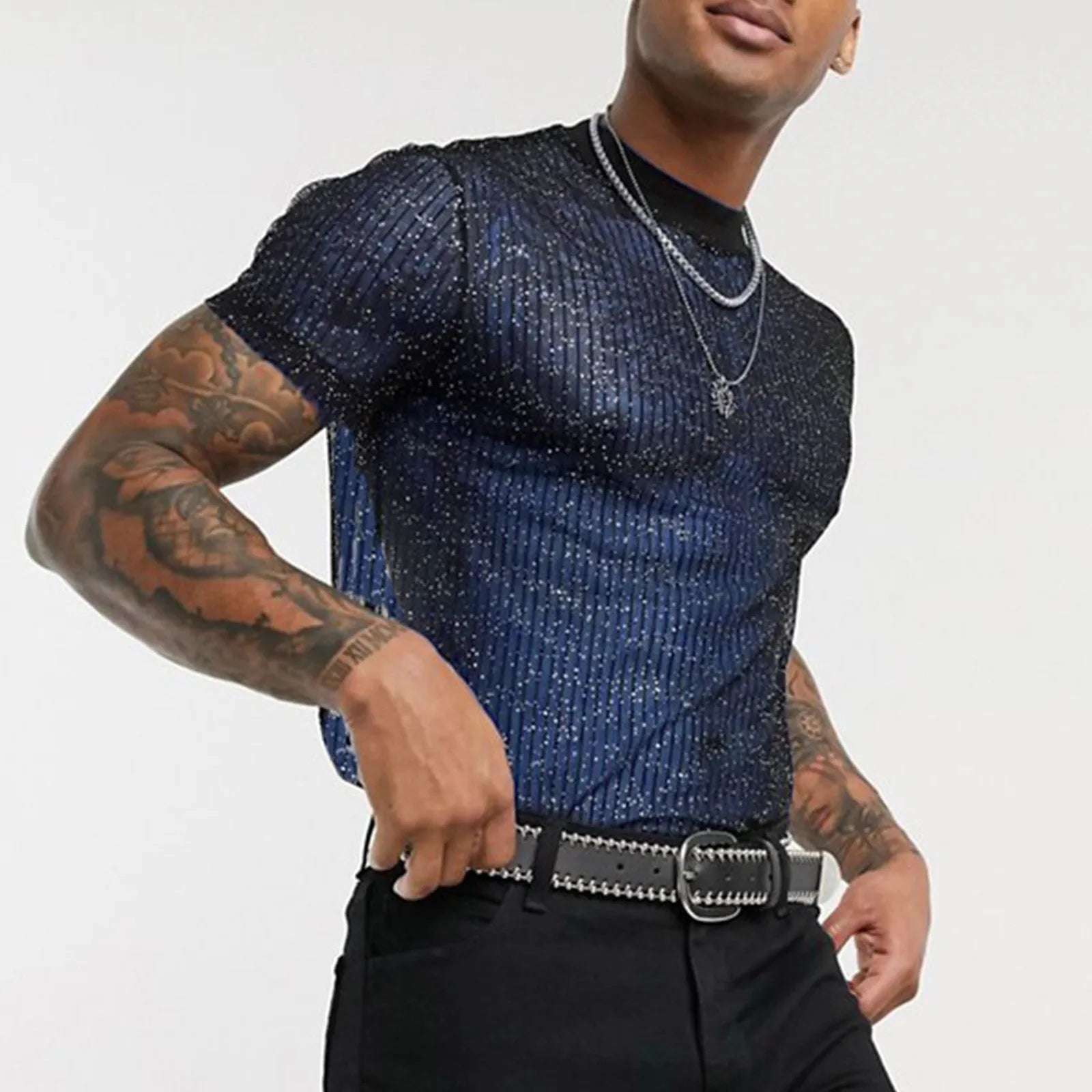 Shiny Mesh T-Shirt featuring a stylish figure wearing a sparkly mesh design perfect for festivals.