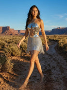 Silver mirror sequin fringe dress with halter neckline and geometric cutouts, worn in a desert landscape.