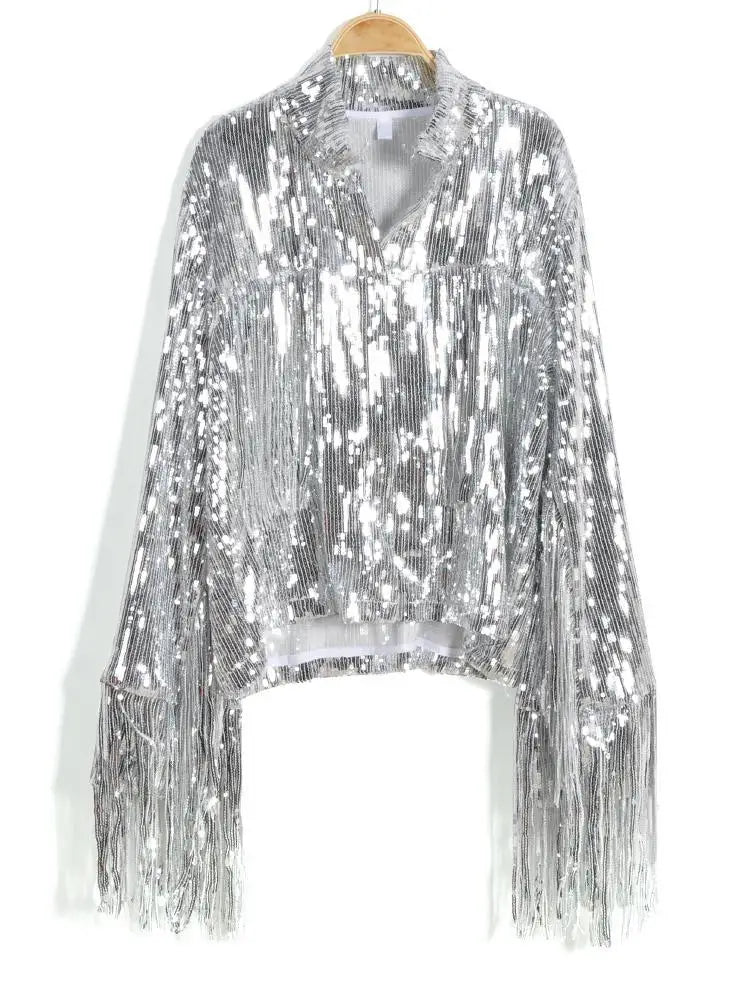 Silberne Paillettenjacke mit Quasten