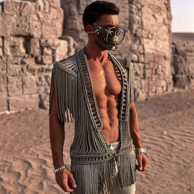 Silver crochet fringe men's cardigan with intricate knotwork and dramatic flowing fringe, worn open-front.