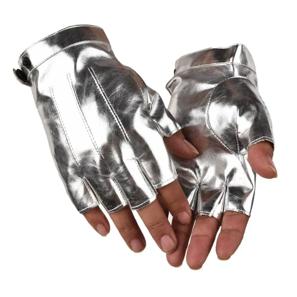 Paar silberne PU-Leder Fingerlose Handschuhe, 9,5 x 15 cm, für Rave oder Cosplay.