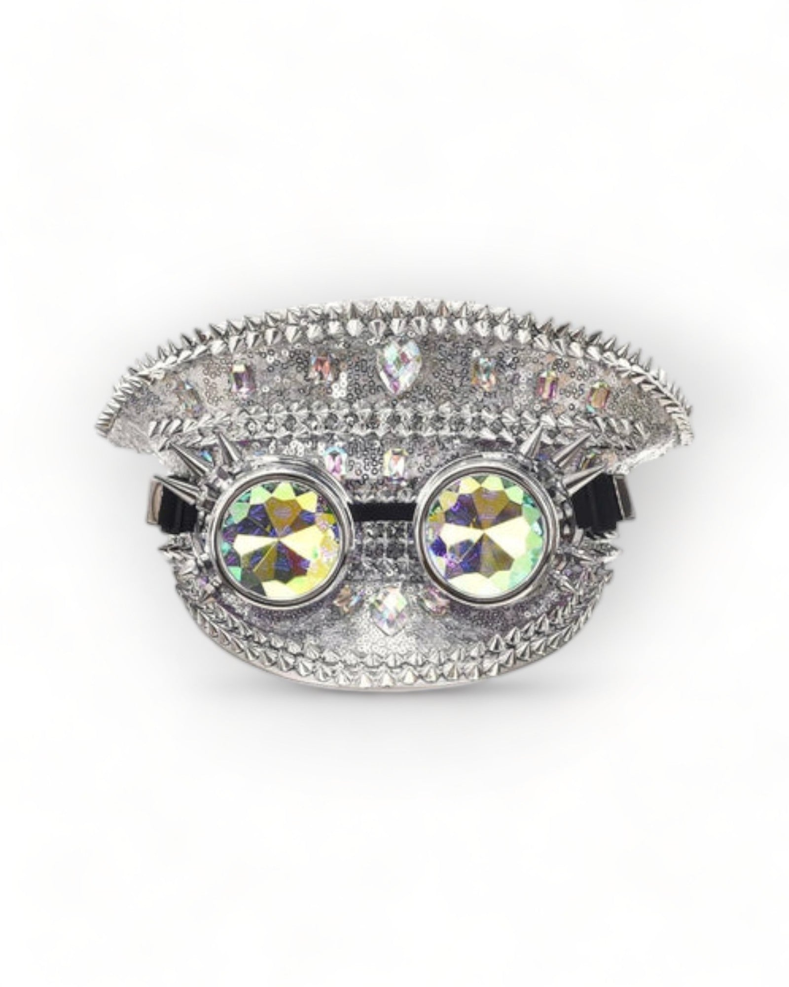 Silver Flat Military Hat with Rhinestones and Kaledoiscope Sunglasses
