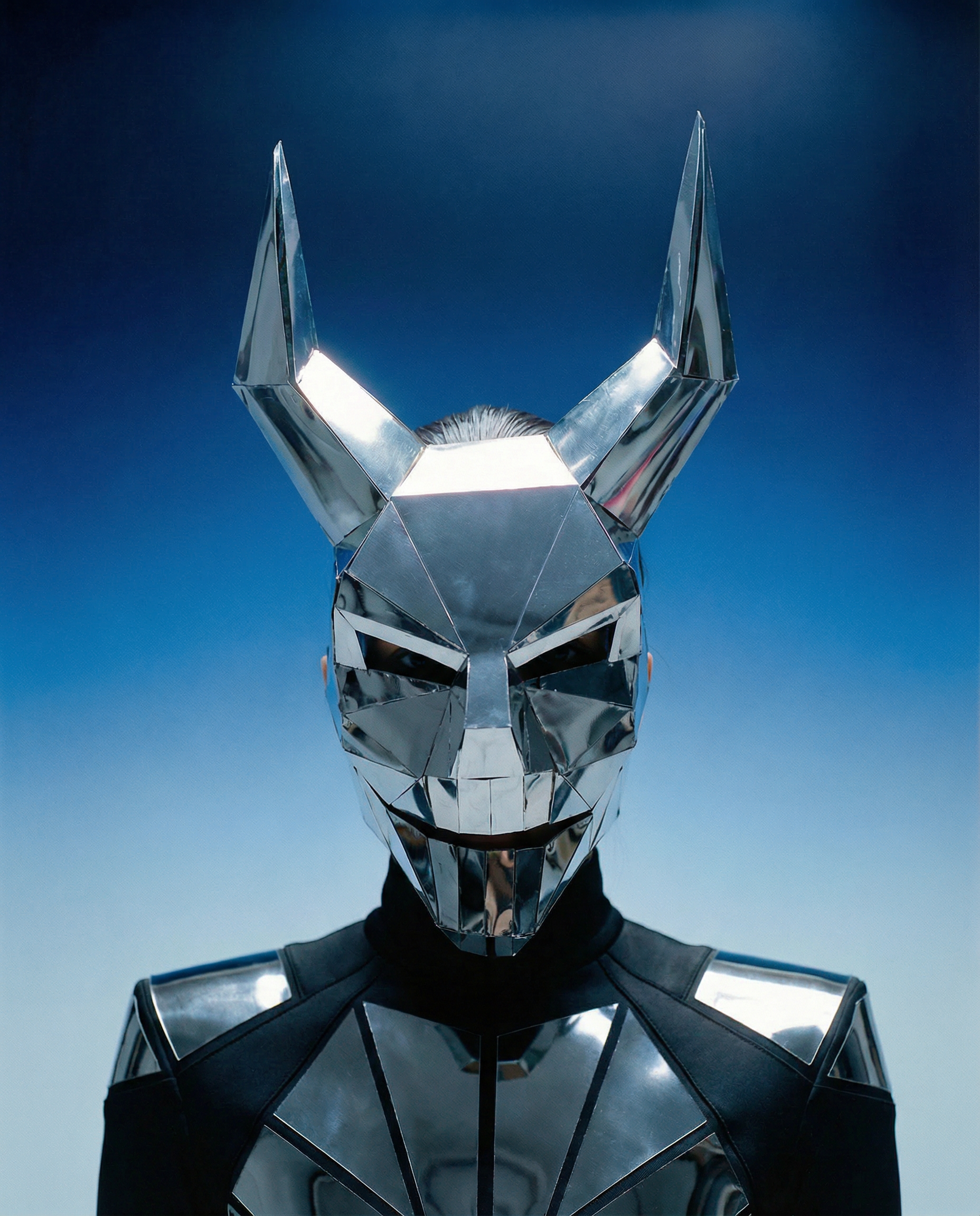 Masque de diable géométrique miroir Argent avec des cornes pointues et des panneaux en acrylique low-poly, porté par une personne.