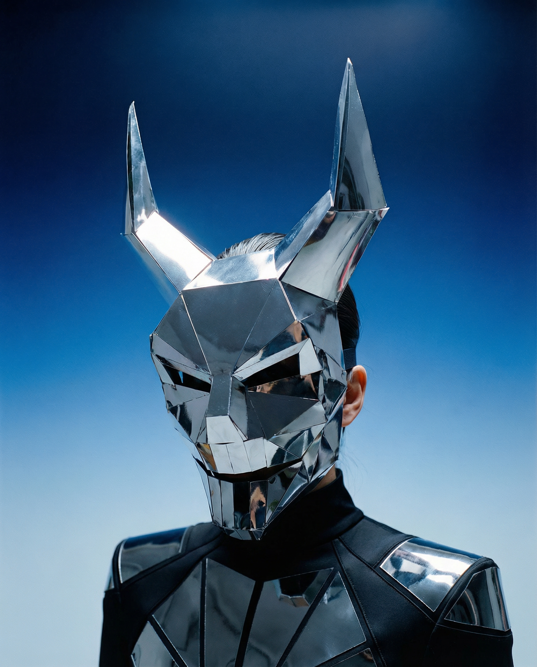 Silver geometric mirror devil mask with sharp horns and low-poly design, worn by a person.