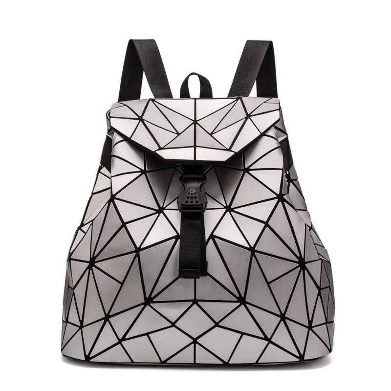 Holographic Backpack with geometric design, unisex style, made of PU leather for rave outfits.