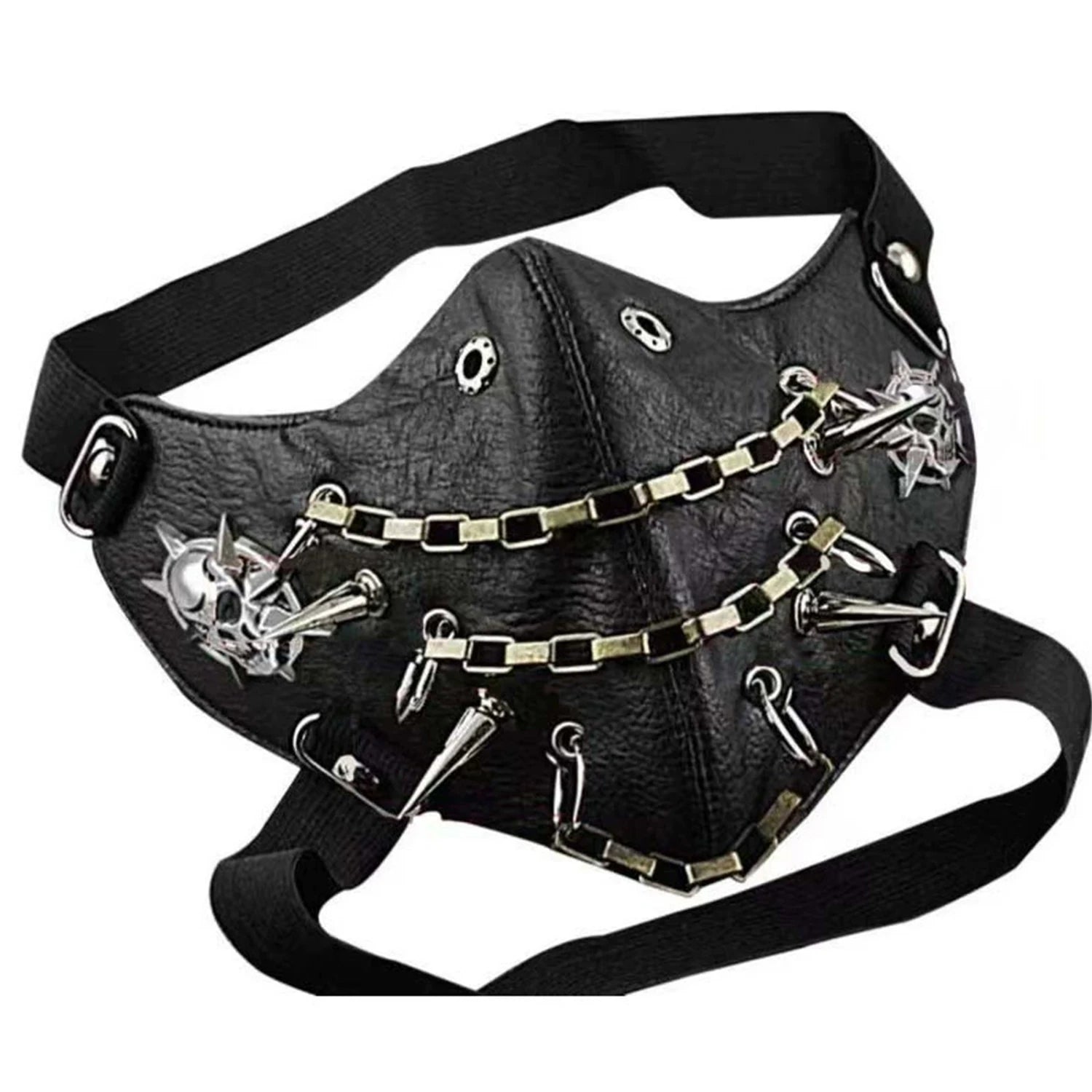 close-up leather steampunk face mask with chains and metal details in black color