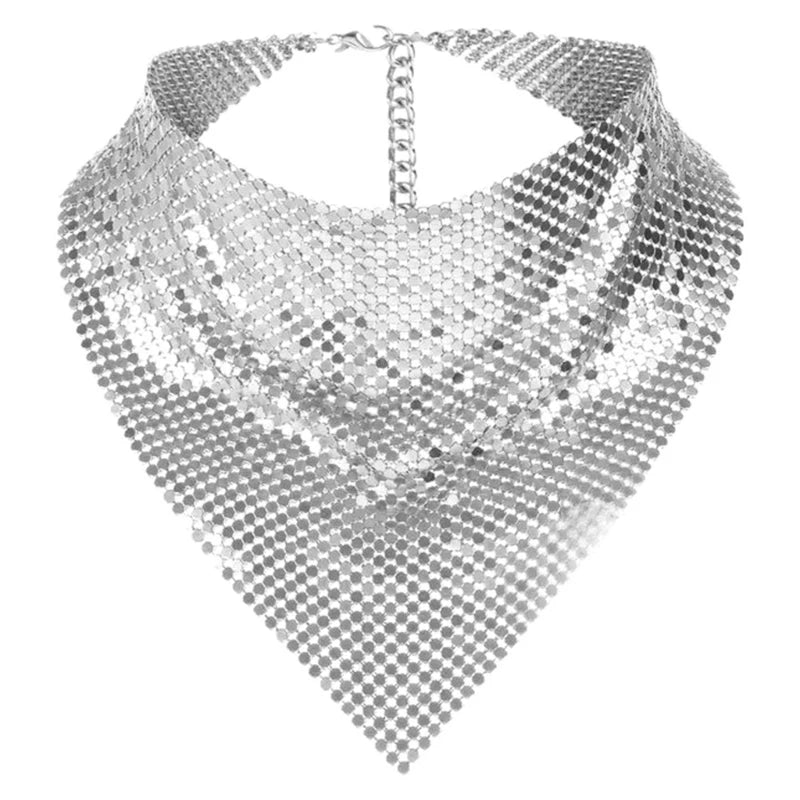 Silver liquid metal mesh scarf, triangular bib style, with chain mail construction and adjustable clasp.