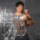 Men's silver mirror disc chain vest, handmade with interlocking discs, open chain sides, shown from behind.