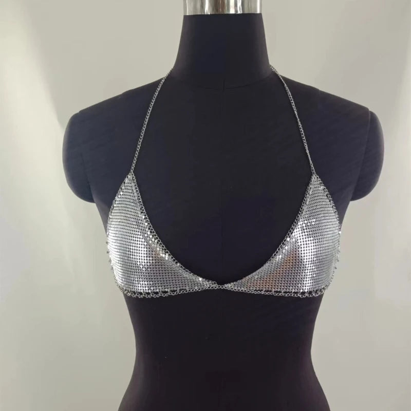 volledige spiegel metalen kettingband beha in glanzend zilver met verstelbare kettingbandjes