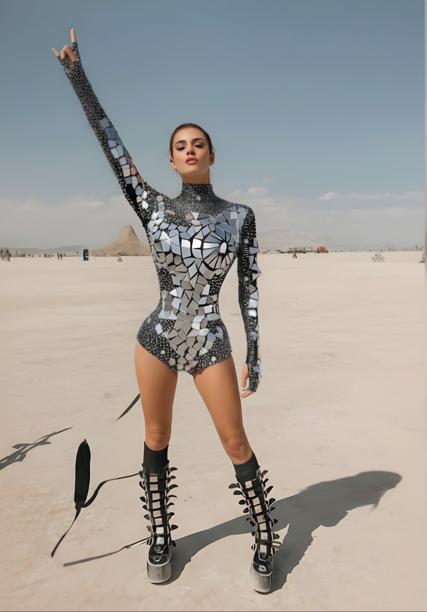  Silver Mirror Rhinestone Long-Sleeve Bodysuit