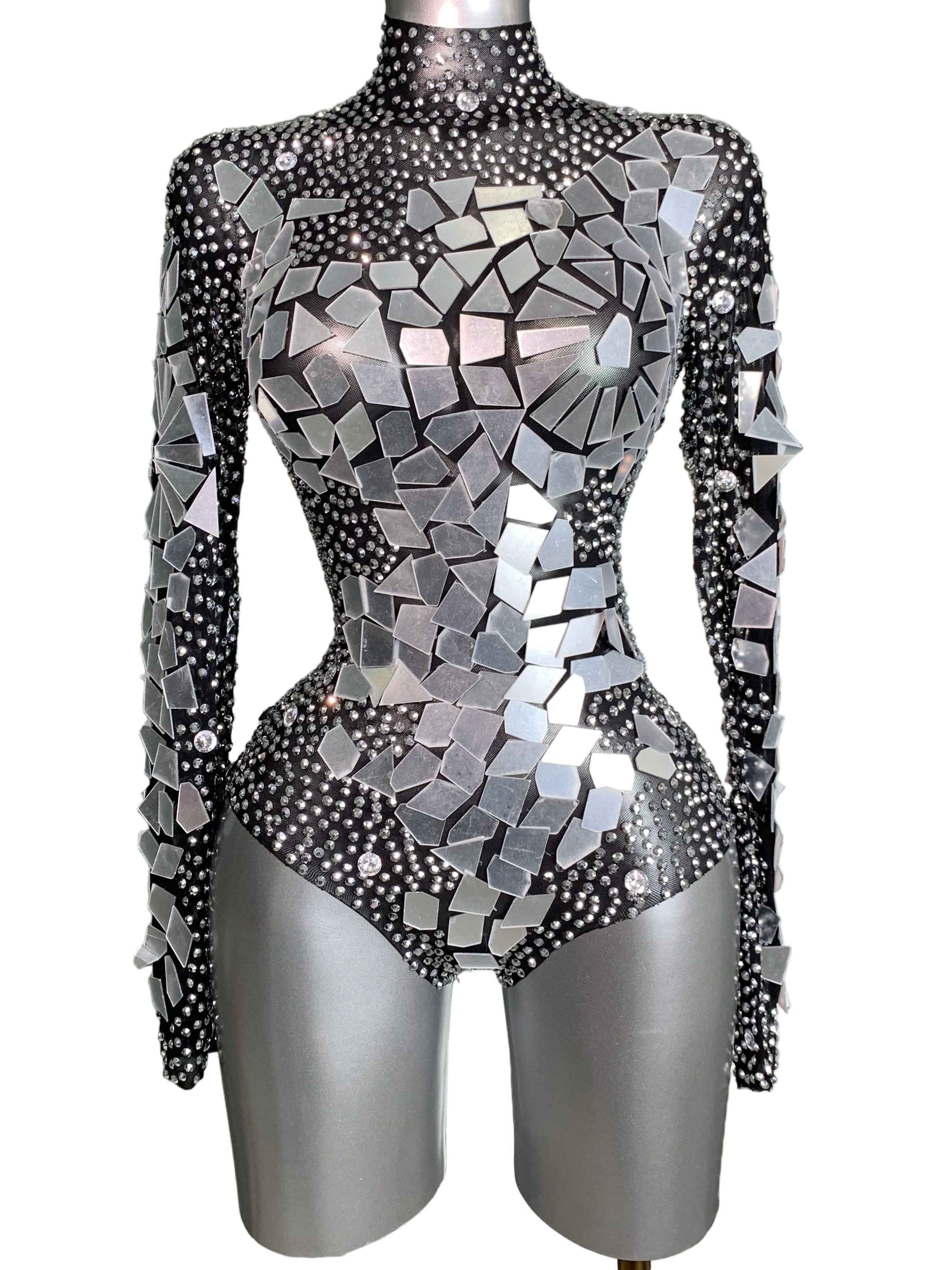 Silver Mirror Rhinestone Long-Sleeve Bodysuit