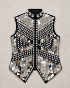 Silver mirror rhinestone men's vest with geometric panels and hand-glued crystals on a black polyester base.
