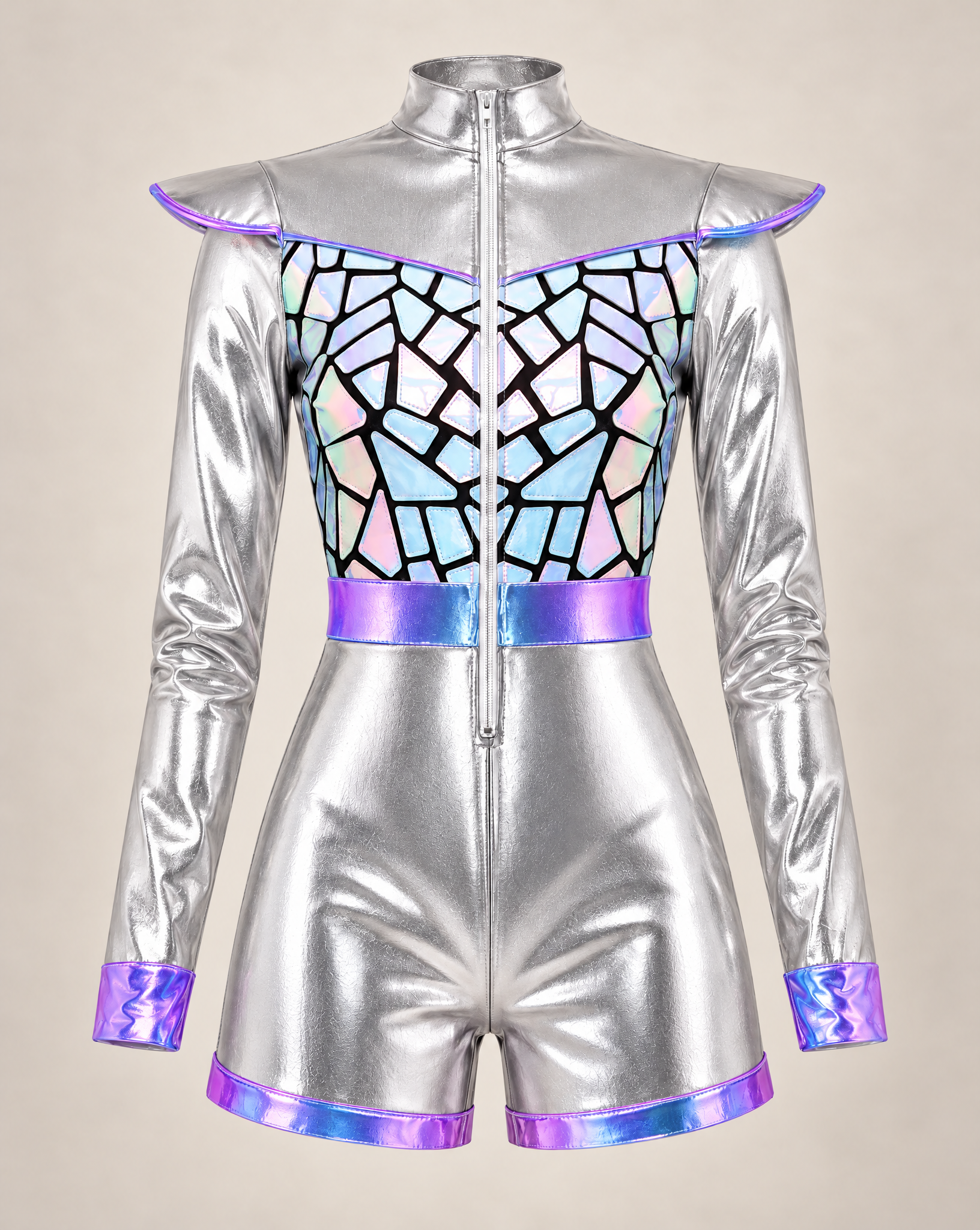 Metallic silver faux leather bodysuit with iridescent geometric chest panels, long sleeves, and a front zipper closure.