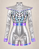 Metallic silver faux leather bodysuit with iridescent geometric chest panels, long sleeves, and a front zipper closure.