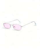 Skinny Narrow Rectangular Sunglasses with pink lenses and metal frame, UV-400 protection.