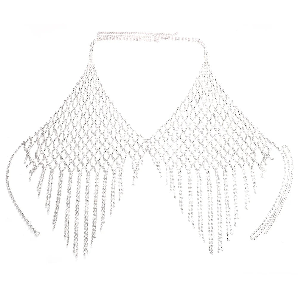 Silver Rhinestone Tassel Bra Chain